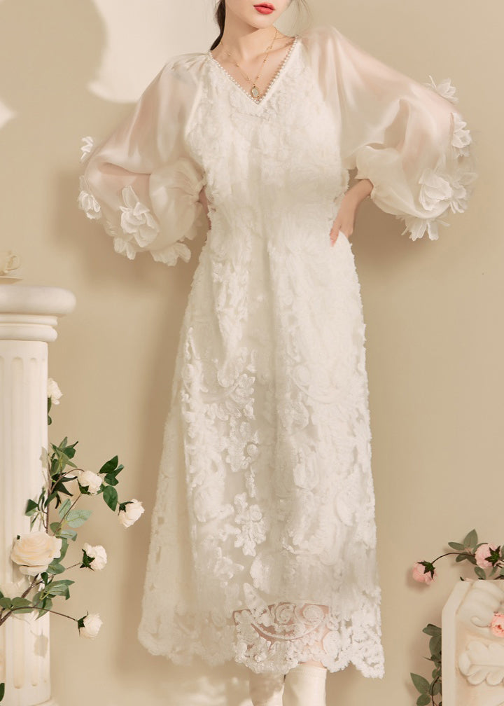 White V Neck Tulle Maxi Dresses Spring