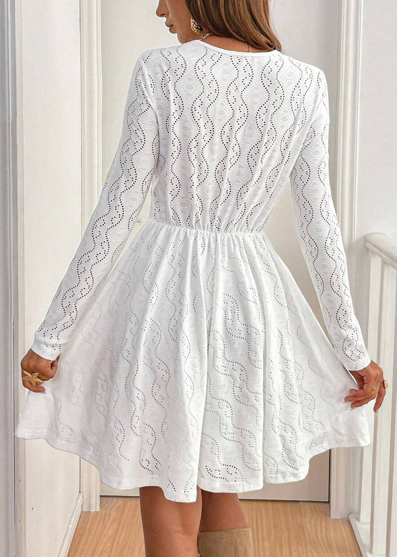 White V Neck Hollow Out Lace Dress Spring