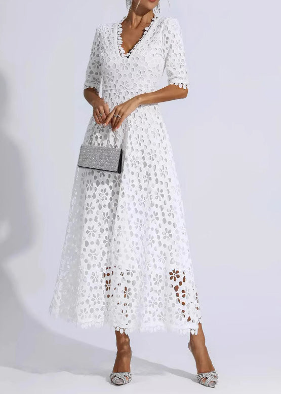 White V Neck Hollow Out Lace Dress Summer