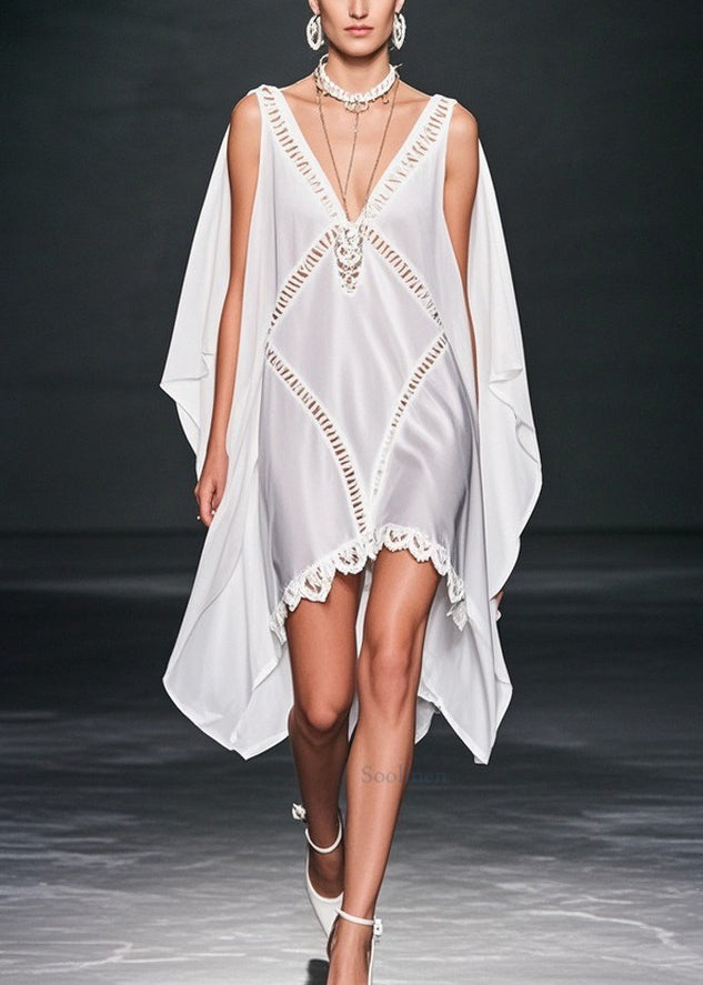 White V Neck Hollow Out Low High Design Chiffon Dresses Summer