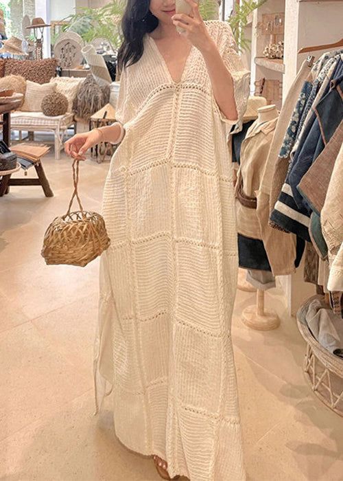 White V Neck Hollow Out Side Open Knit Dresses Half Sleeve