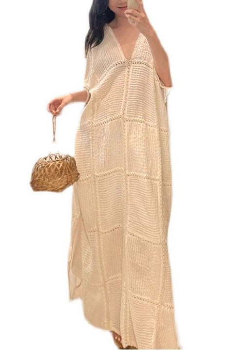 White V Neck Hollow Out Side Open Knit Dresses Half Sleeve