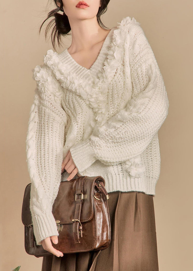 White V Neck Hollow Out Knit Sweaters Winter