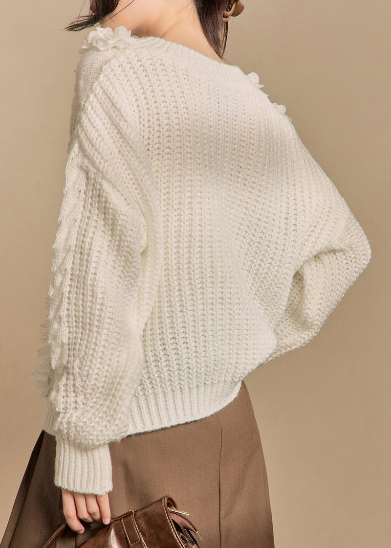 White V Neck Hollow Out Knit Sweaters Winter