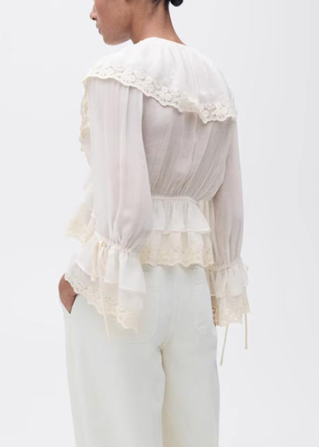 White V Neck Lace Patchwork Chiffon Fall