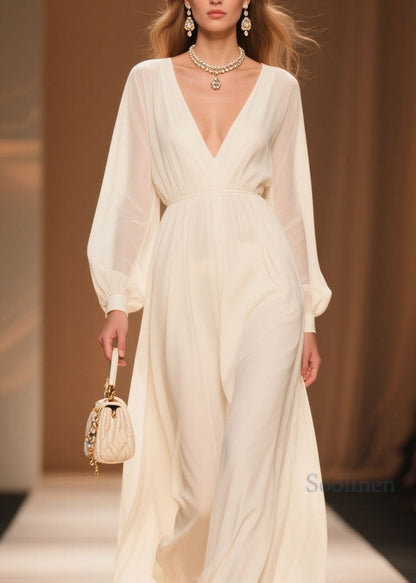 White V Neck Patchwork Chiffon Dress Spring