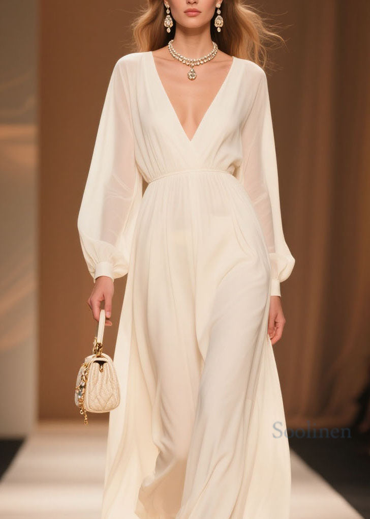White V Neck Patchwork Chiffon Dress Spring