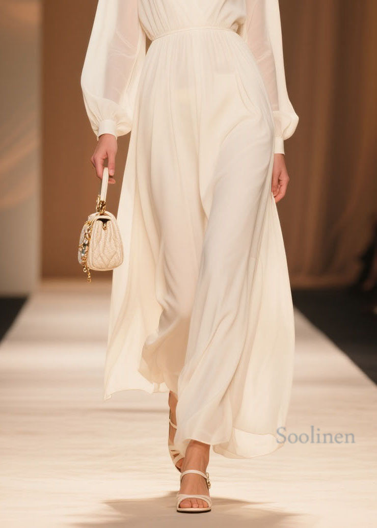 White V Neck Patchwork Chiffon Dress Spring