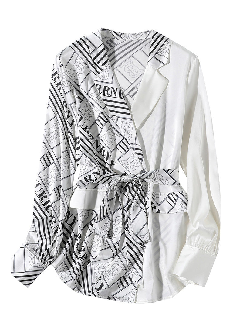 White V Neck Patchwork Print Tie Waist Silk Shirt Long Sleeve