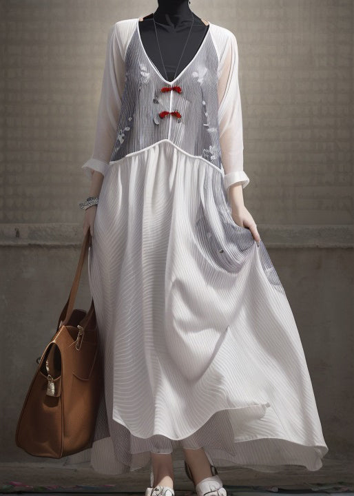 White V Neck Patchwork Silk Dresses Long Sleeve