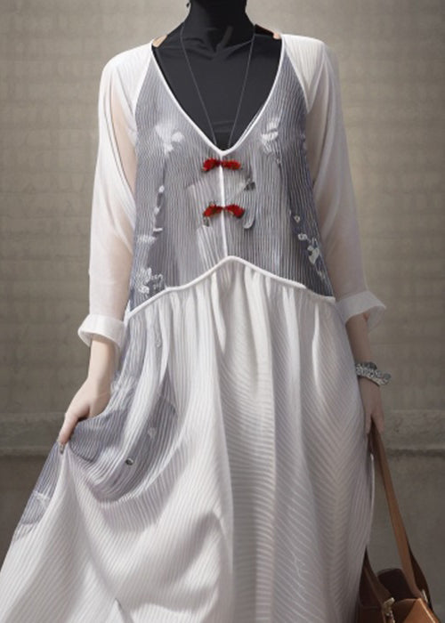 White V Neck Patchwork Silk Dresses Long Sleeve