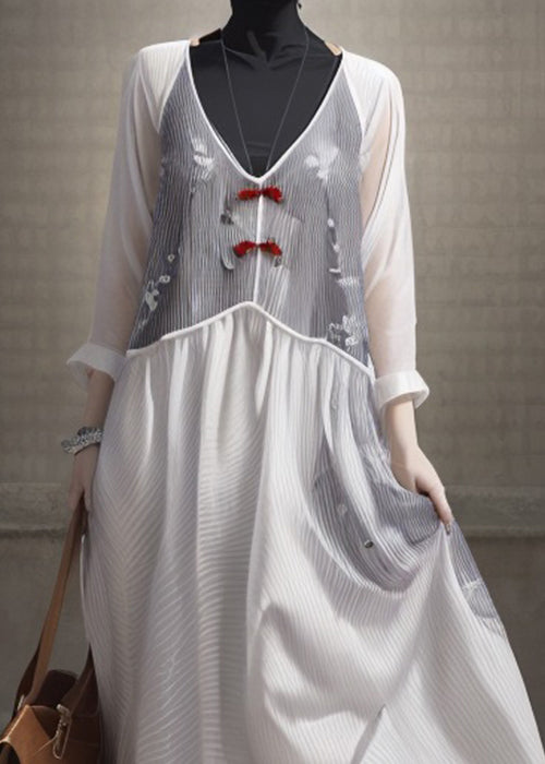 White V Neck Patchwork Silk Dresses Long Sleeve
