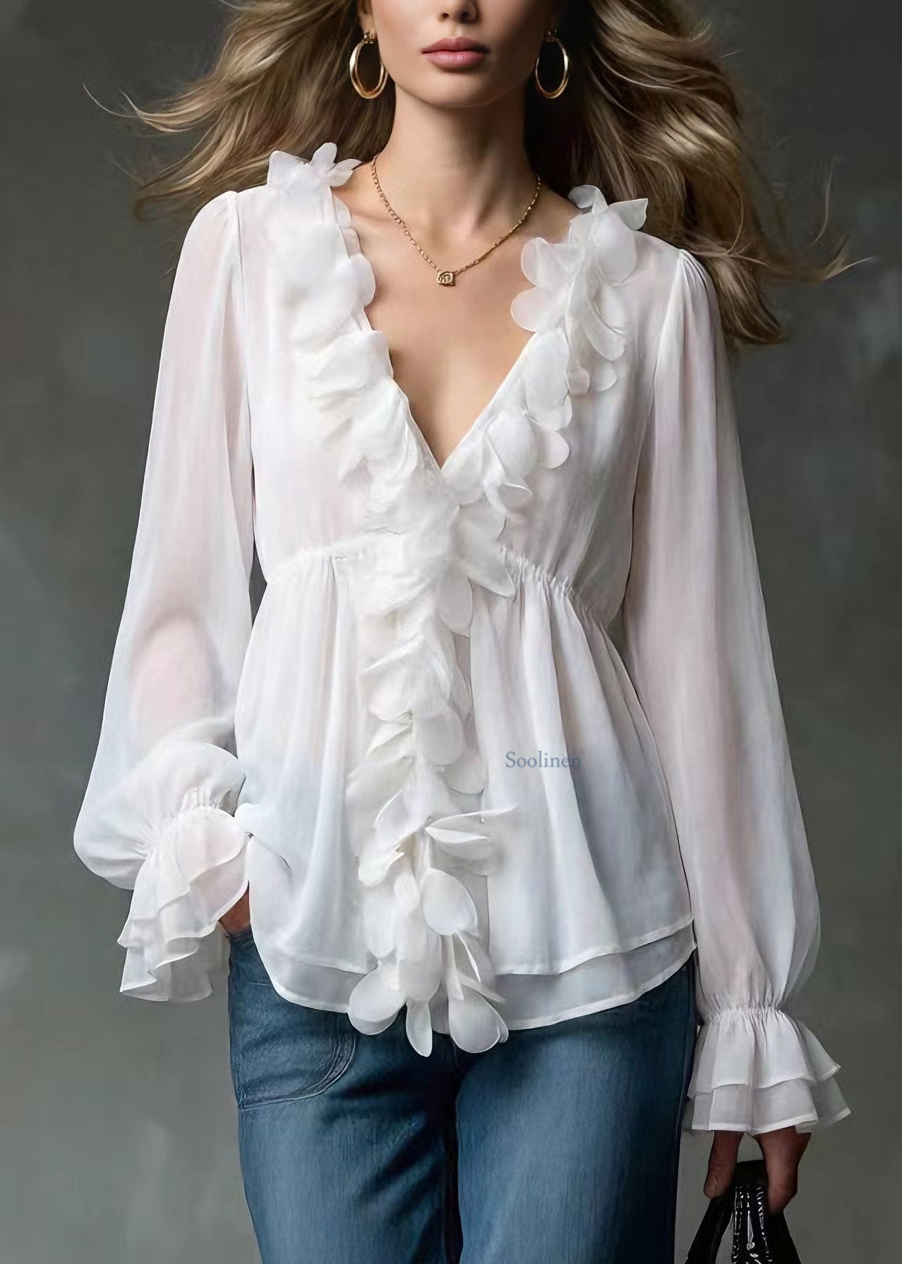 Elegant White V Neck Petal Chiffon Shirts Spring