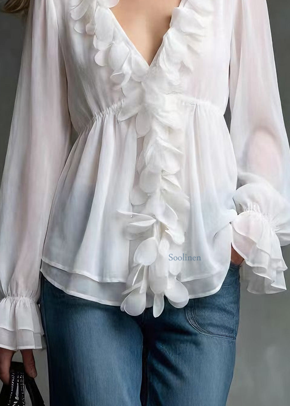 Elegant White V Neck Petal Chiffon Shirts Spring