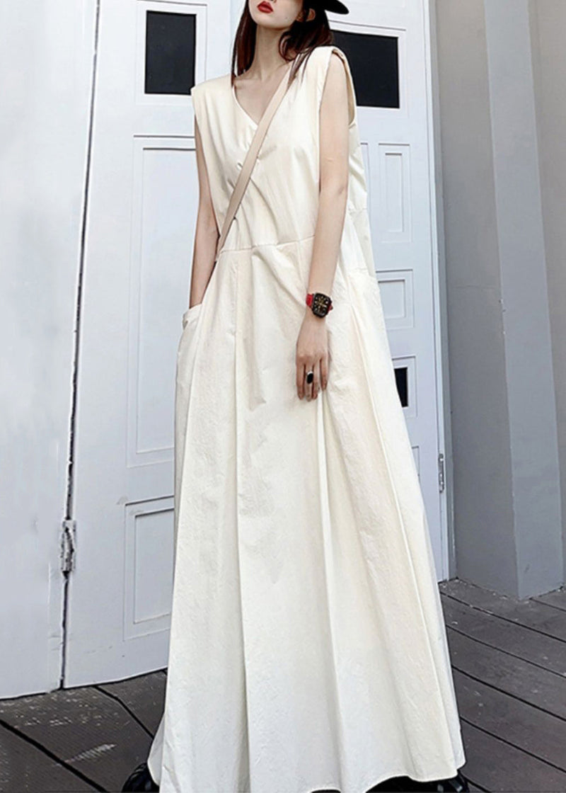 White V Neck Pockets Patchwork Cotton Maxi Dresses Sleeveless