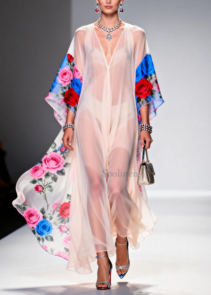 White V Neck Print Chiffon Beach Dress Summer
