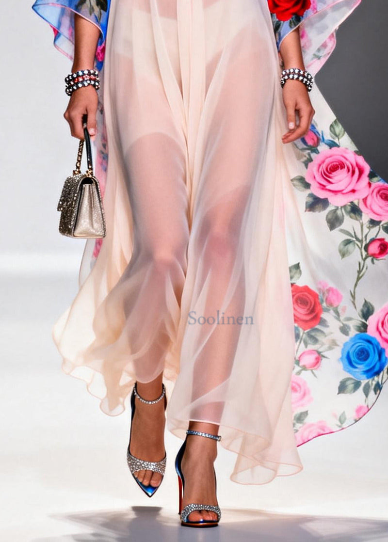 White V Neck Print Chiffon Beach Dress Summer