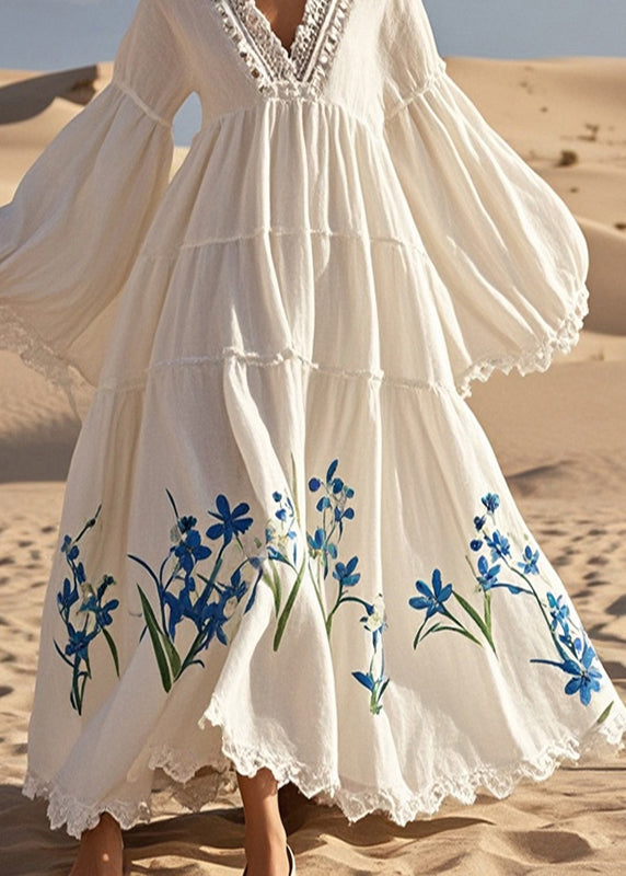 White V Neck Print Cotton Vacation Dresses Flare Sleeve