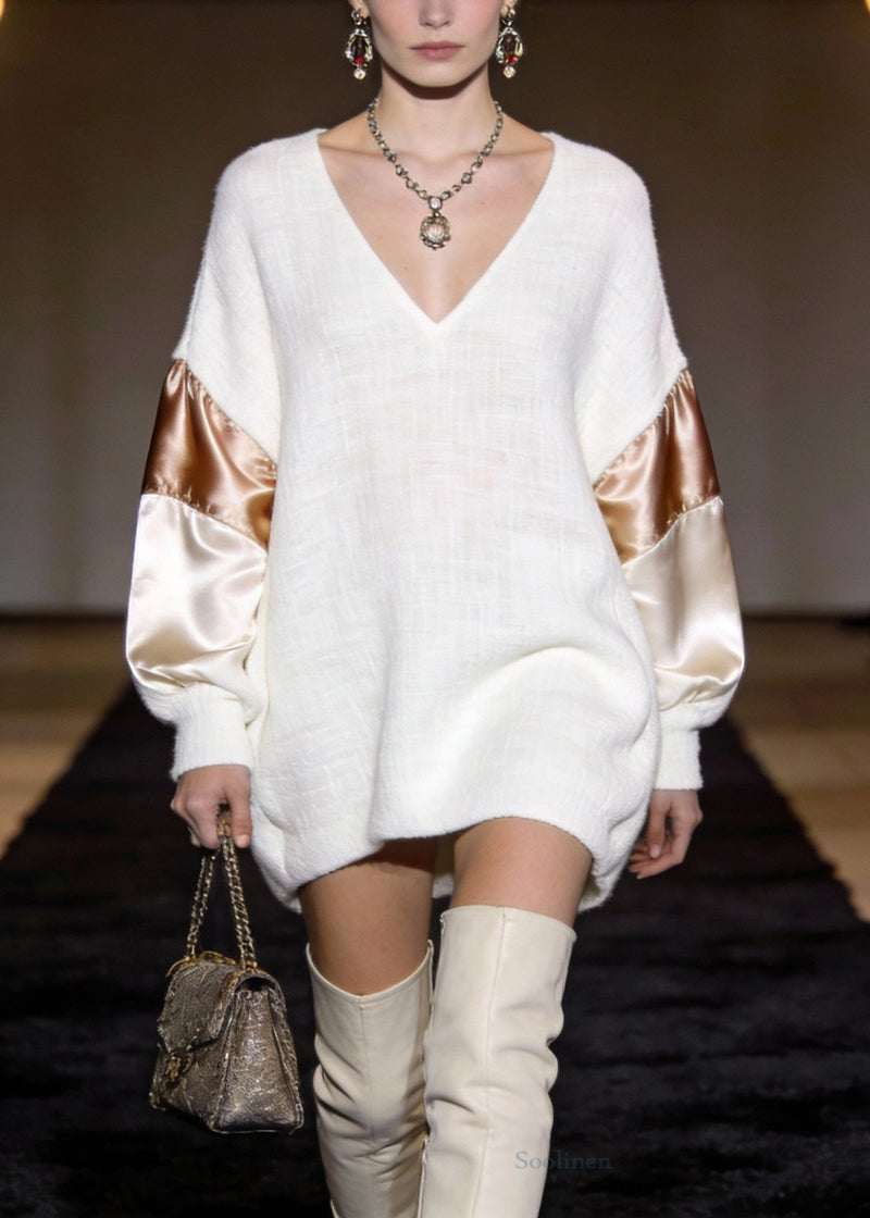 White V Neck Silk Patchwork Mini Dresses Spring