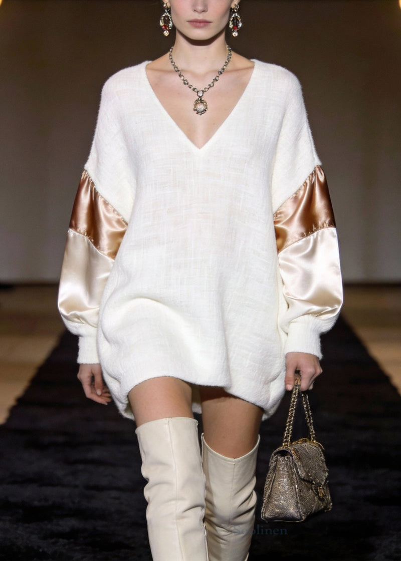 White V Neck Silk Patchwork Mini Dresses Spring