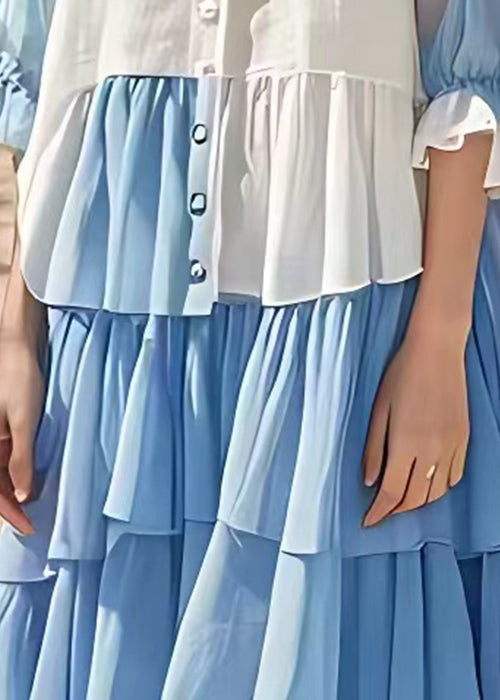 White Wrinkled Button Chiffon Long Dress Flare Sleeve