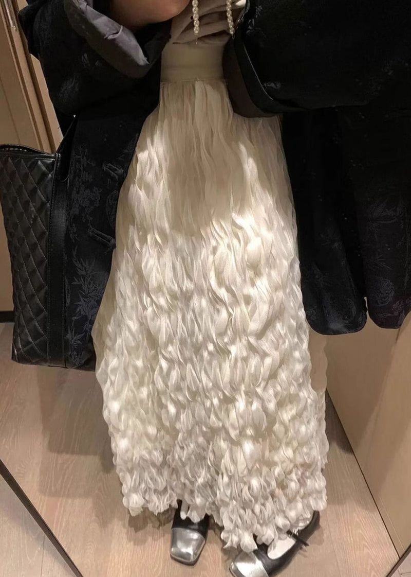 White Wrinkled Elastic Waist Tulle Skirt Spring