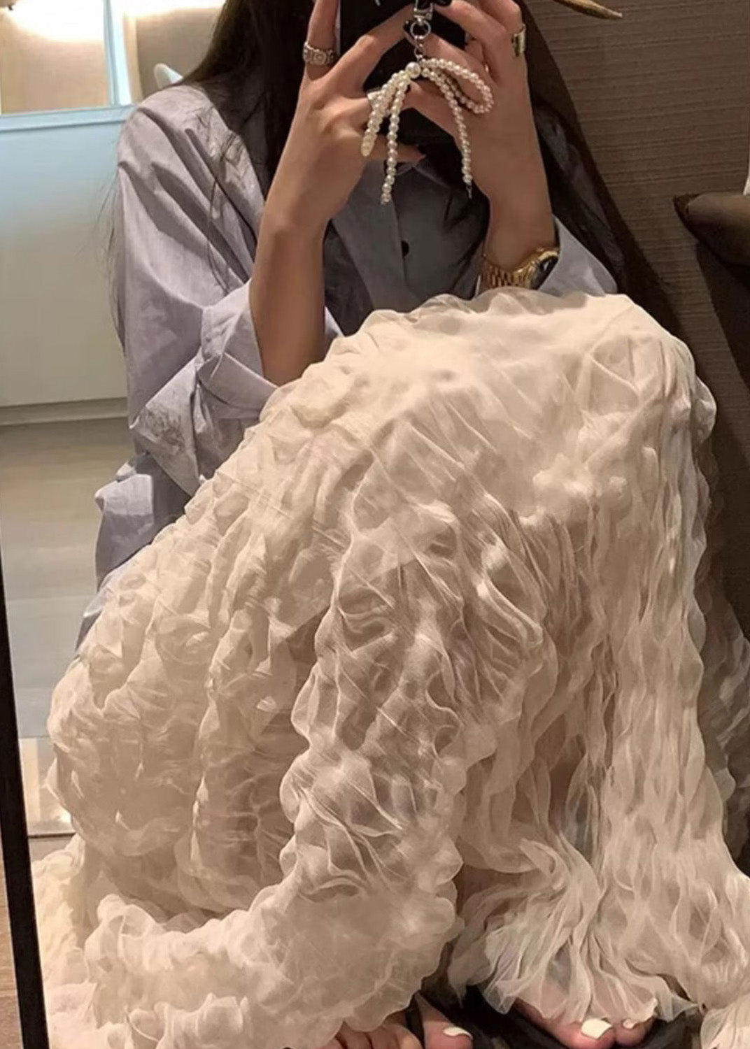 White Wrinkled Elastic Waist Tulle Skirt Spring