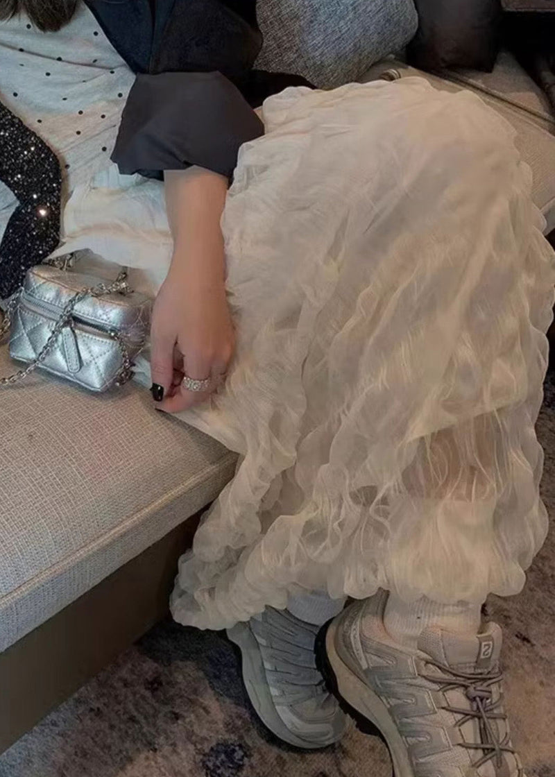White Wrinkled Elastic Waist Tulle Skirt Spring