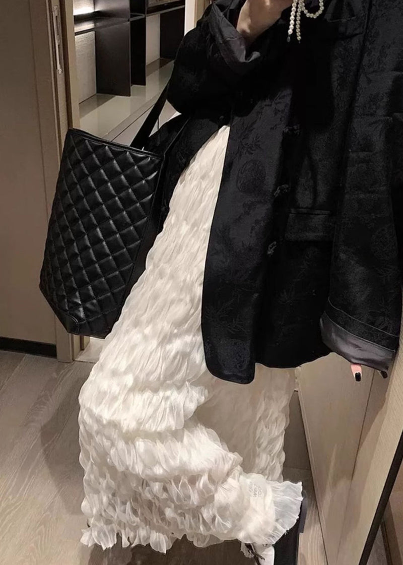White Wrinkled Elastic Waist Tulle Skirt Spring