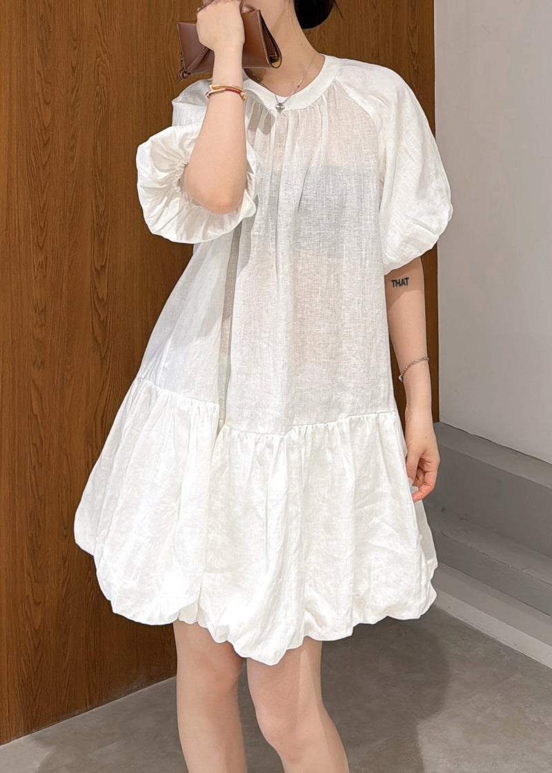 White Wrinkled Linen Mid Dress Puff Sleeve
