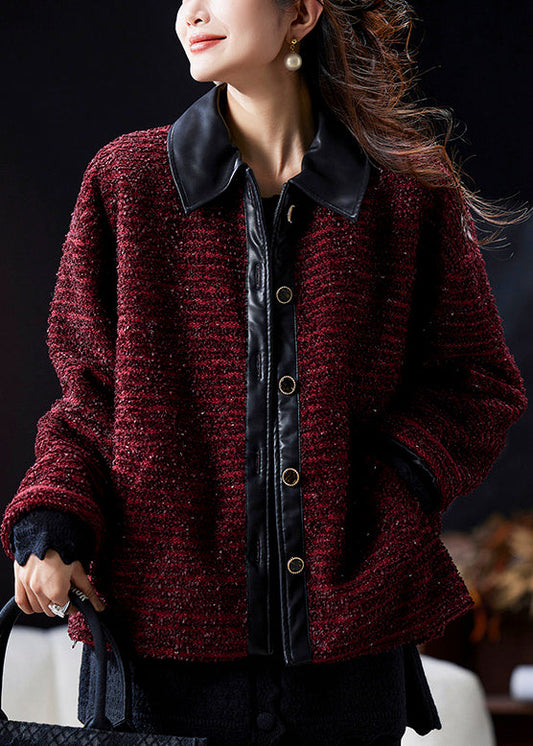 Wine Red Peter Pan Collar Button Patchwork Parkas Winter