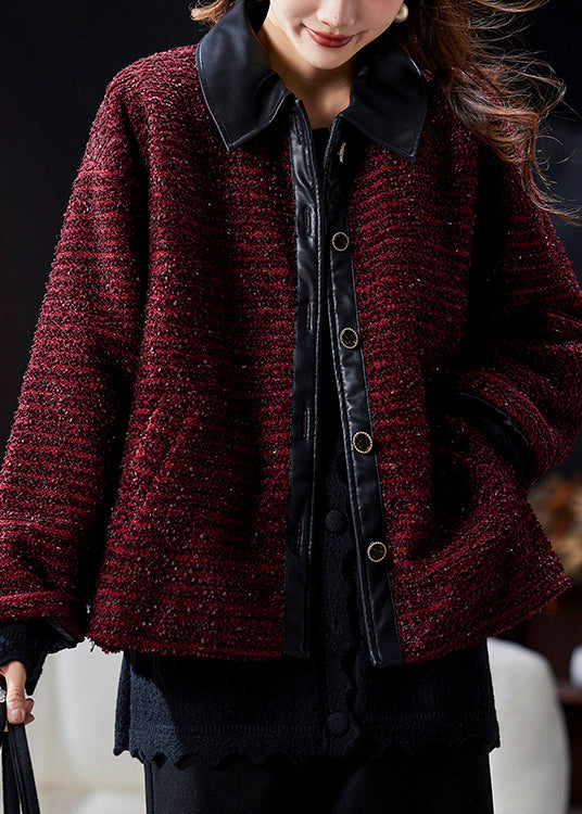 Wine Red Peter Pan Collar Button Patchwork Parkas Winter