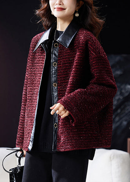 Wine Red Peter Pan Collar Button Patchwork Parkas Winter