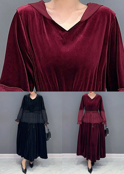 Wine Red Ruffled Lace Up Patchwork Velour Long Dresses Fall