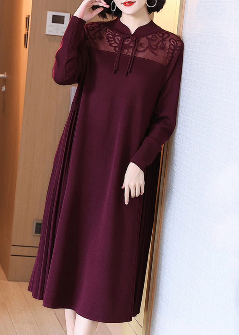 Wine Red Stand Collar Button Cotton Knit Dresses Spring