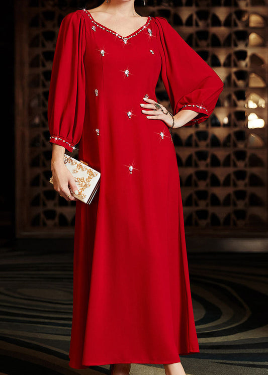 Wine Red V Neck Patchwork Zircon Chiffon Maxi Dress Long Sleeve