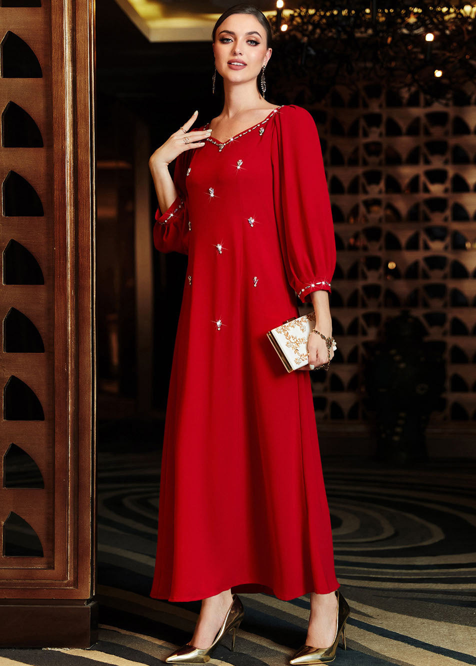 Wine Red V Neck Patchwork Zircon Chiffon Maxi Dress Long Sleeve