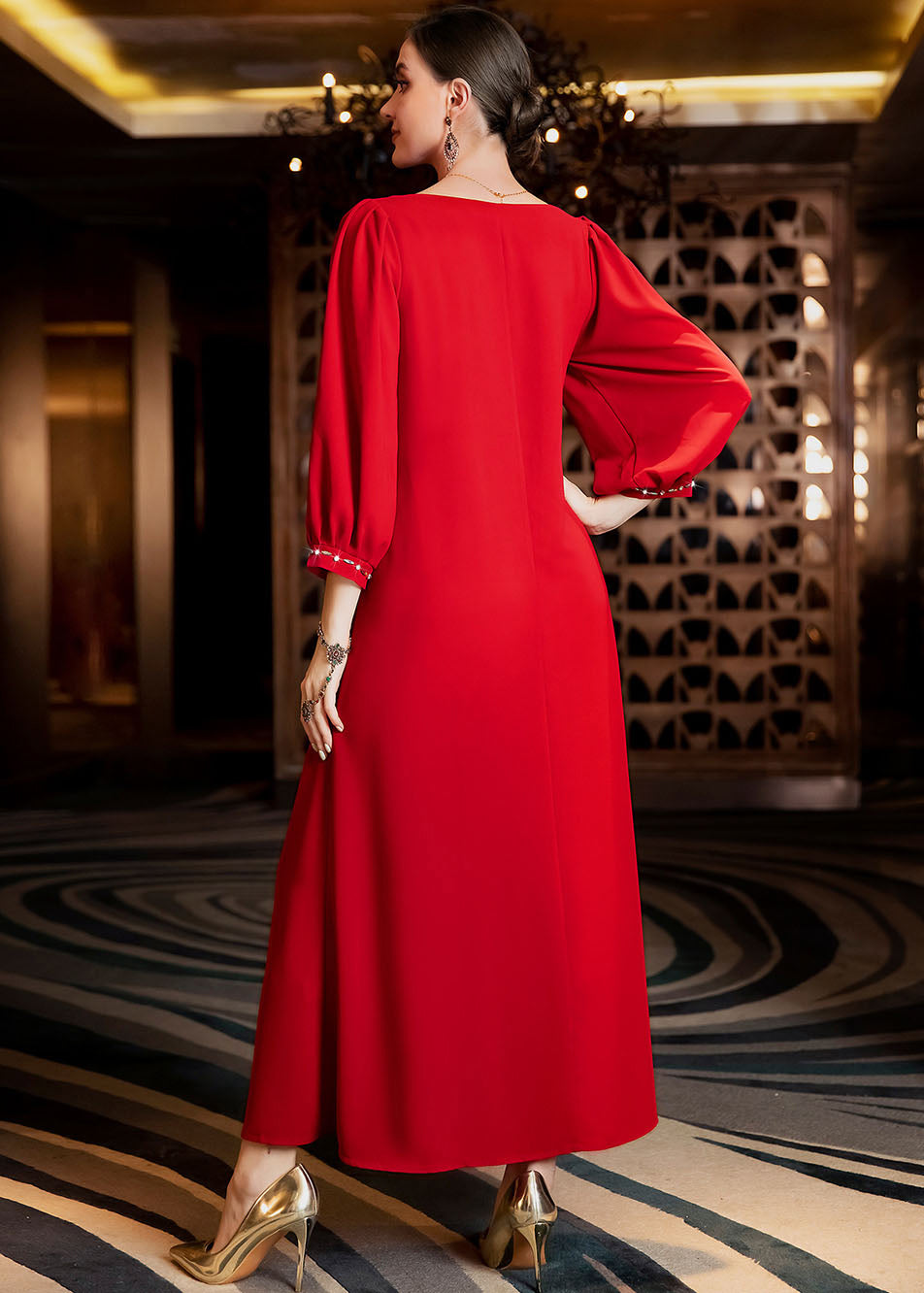 Wine Red V Neck Patchwork Zircon Chiffon Maxi Dress Long Sleeve