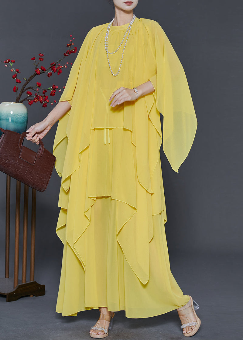 Yellow Chiffon Long Dresses Asymmetrical Design Summer