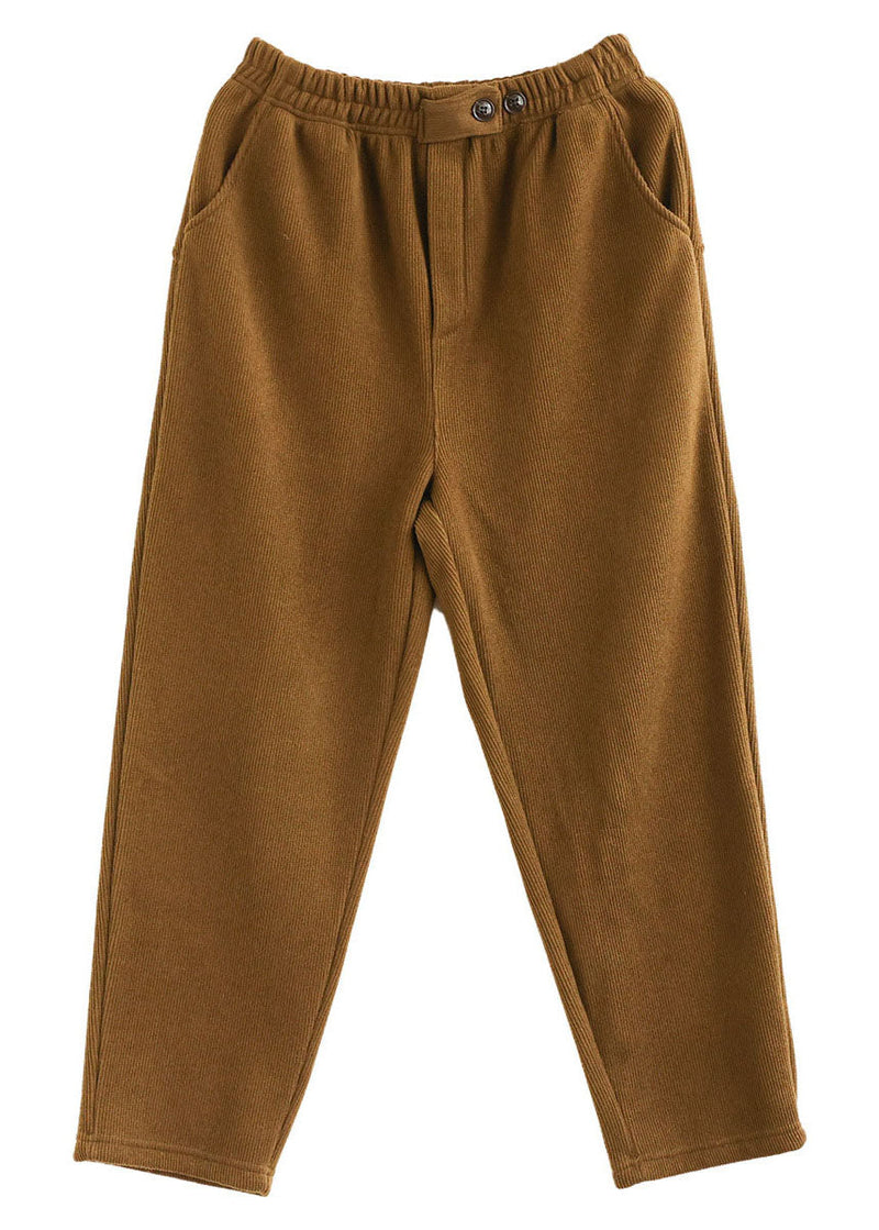 Yellow Elastic Waist Pockets Warm Fleece Corduroy Pants Winter