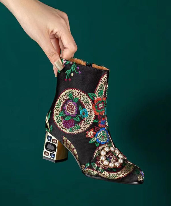 Yellow Embroidered Zircon Satin Chunky Ankle Boots