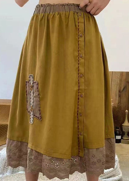 Yellow Embroideried Hollow Out Cotton Skirt Spring
