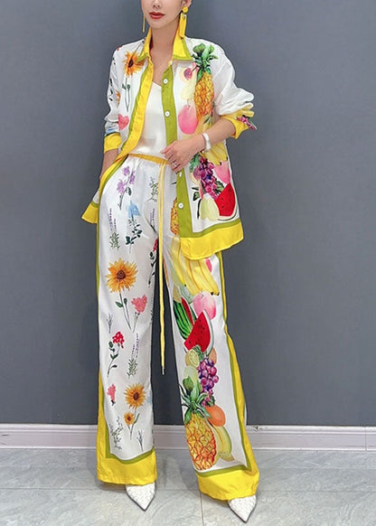 Yellow Fruit Print Button Shirts and Wide Leg Pants Two Piece Set Fall