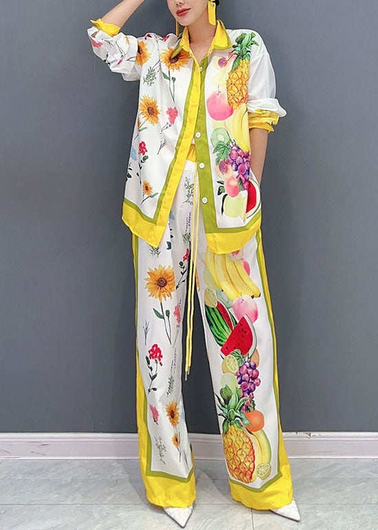 Yellow Fruit Print Button Shirts and Wide Leg Pants Two Piece Set Fall