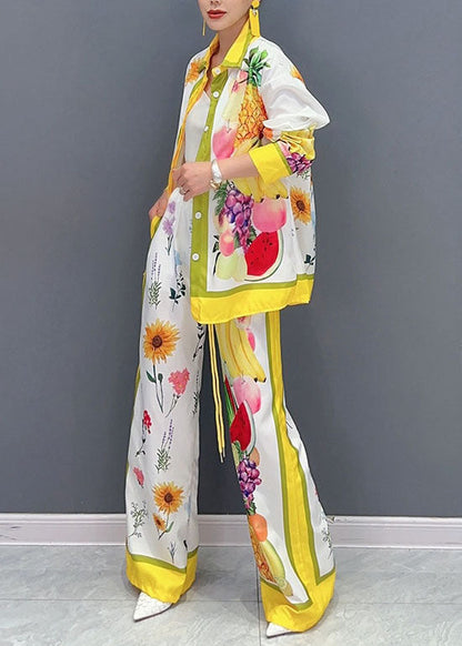 Yellow Fruit Print Button Shirts and Wide Leg Pants Two Piece Set Fall