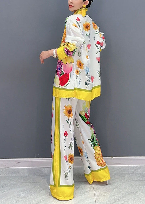 Yellow Fruit Print Button Shirts and Wide Leg Pants Two Piece Set Fall