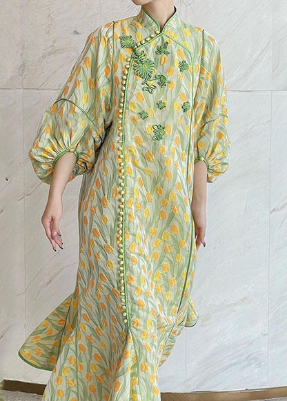 Yellow Green Embroidered Button Silk Maxi Dresses Fall