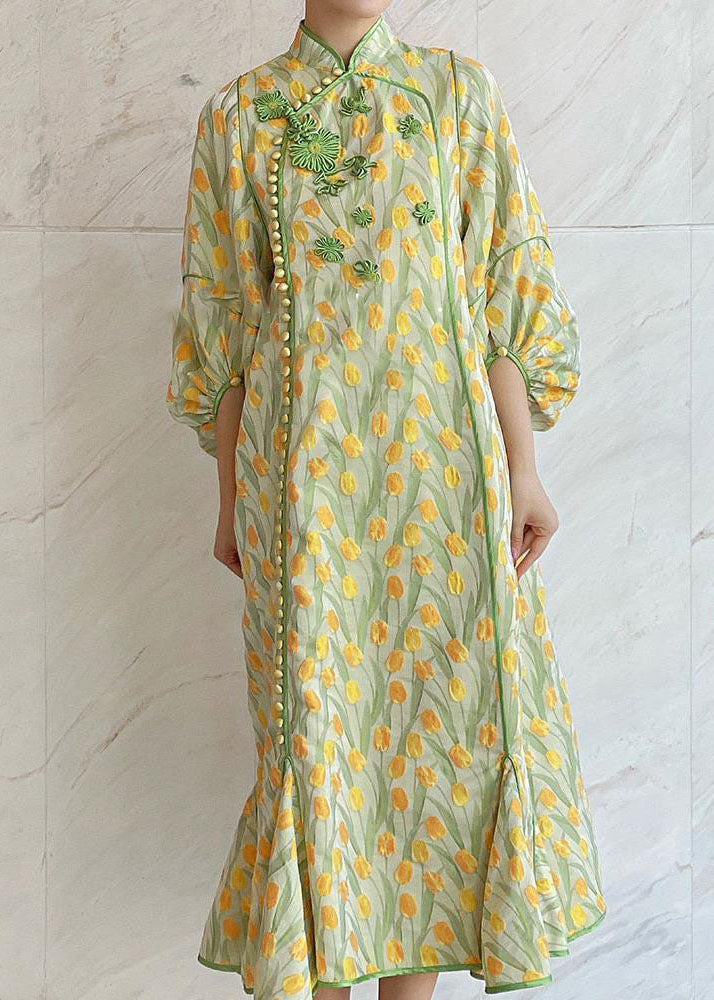 Yellow Green Embroidered Button Silk Maxi Dresses Fall