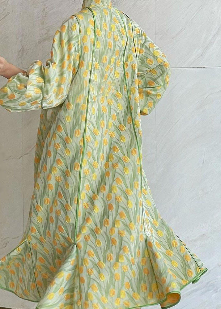 Yellow Green Embroidered Button Silk Maxi Dresses Fall