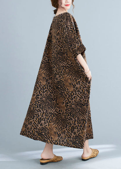 Yellow Leopard Pockets Print Cotton Loose Dresses Half Sleeve